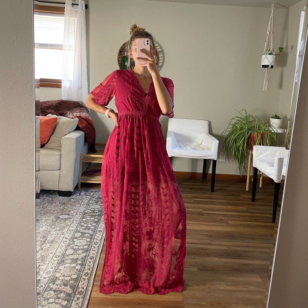 COPY - Gimmicks ruby red lace romper dress overlay